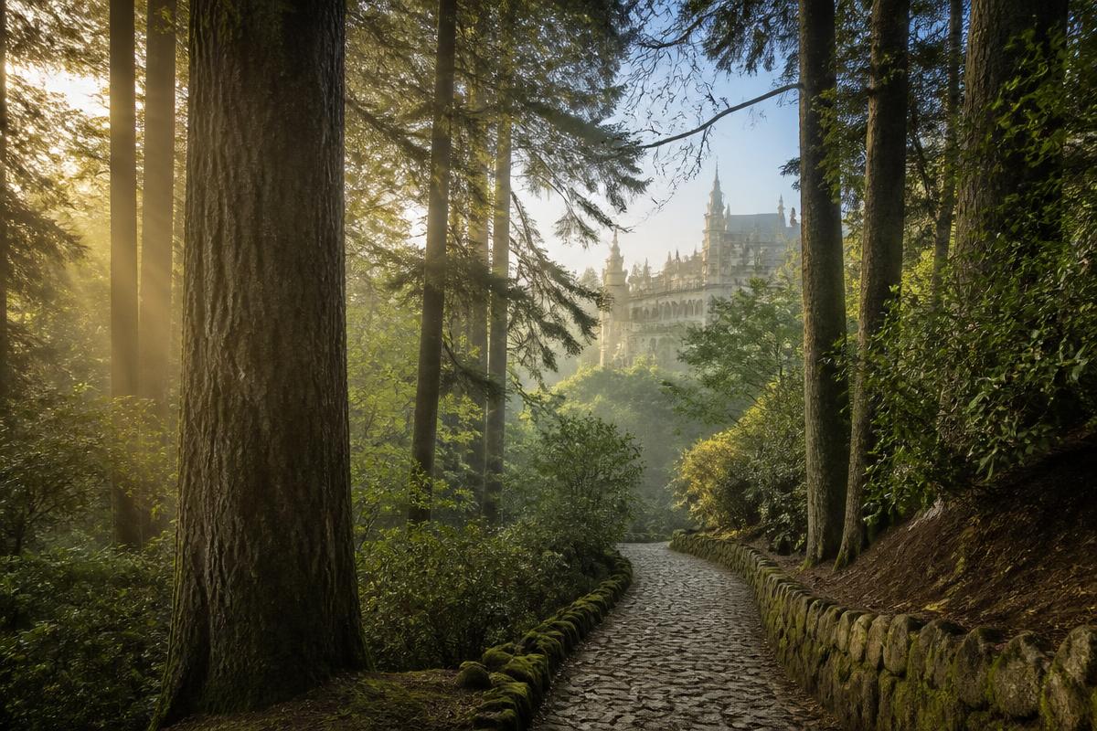 The Palace Hotel do Bussaco glimpsed through the ancient forest