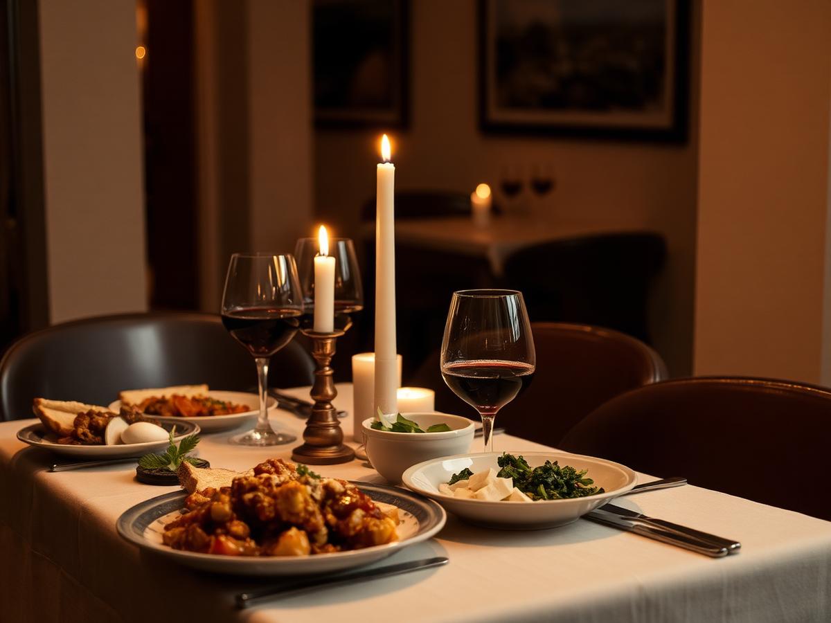 A candlelit Portuguese dinner table set with regional dishes and wine
