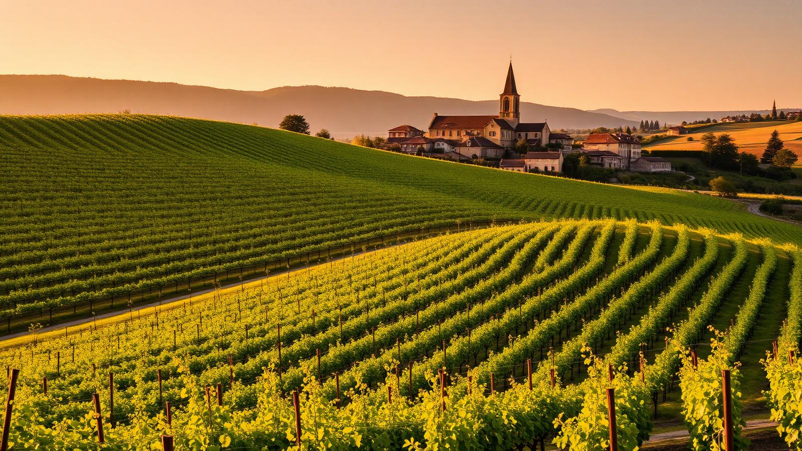 Burgundy vineyards on a limestone slope at golden hour